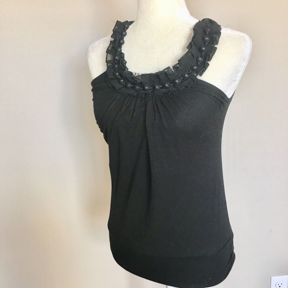 B Sharp USA Sz Small Black Loose Tank Top Blouse Ruffle Beaded Halter Neck